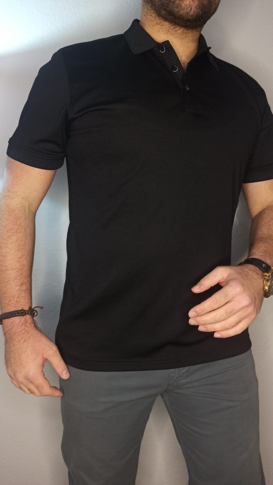 Yakalı T-shirt Düz Siyah - Siyah - XL