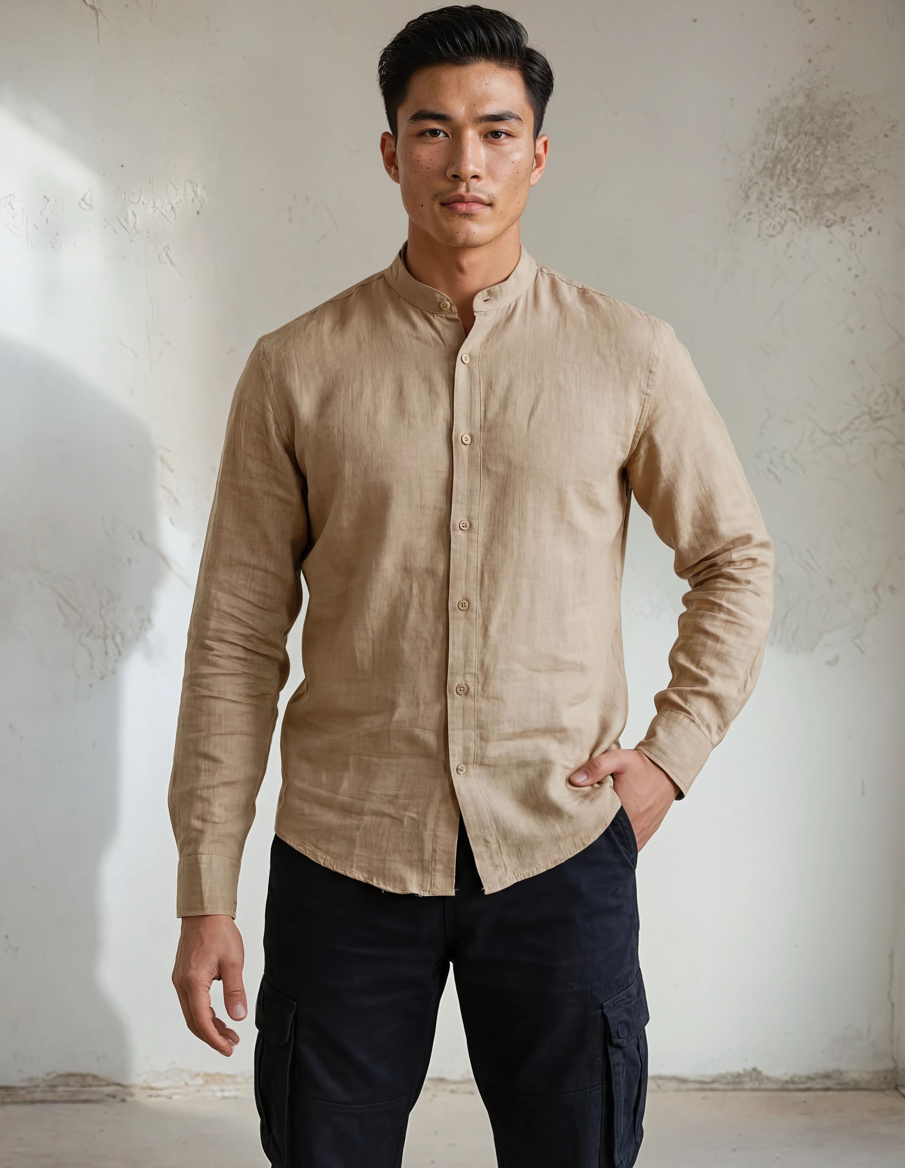 Keten Hakim Yaka Gömlek - Kahverengi - S