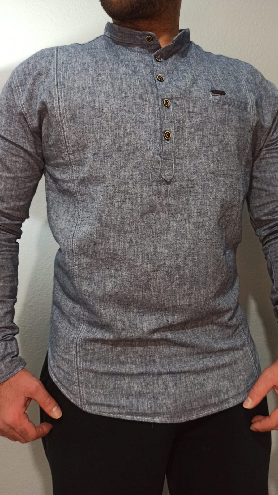 Keten Yıkama Hakim Yaka Gömlek - Siyah - 2XL