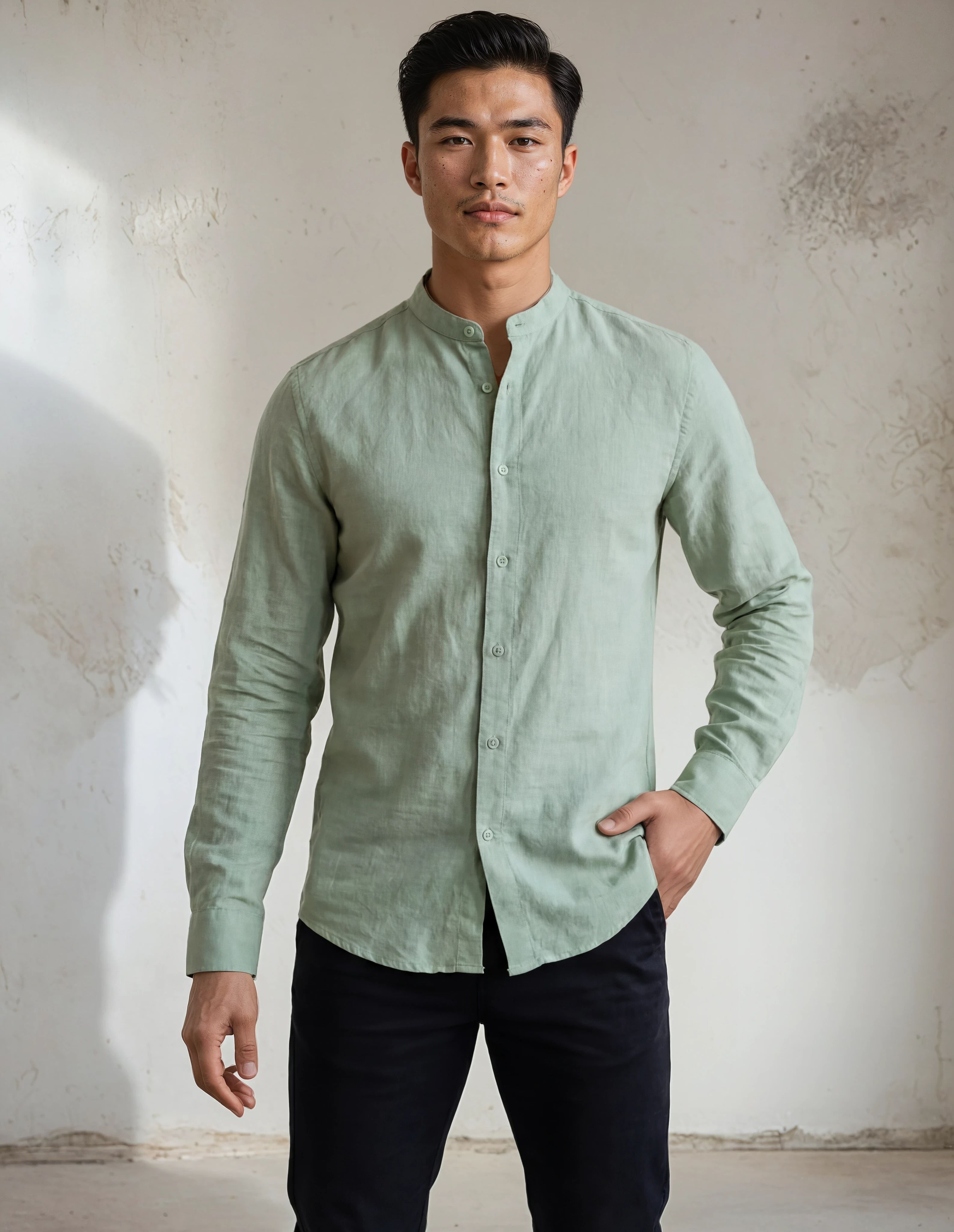 Keten Hakim Yaka Gömlek - Yeşil - S