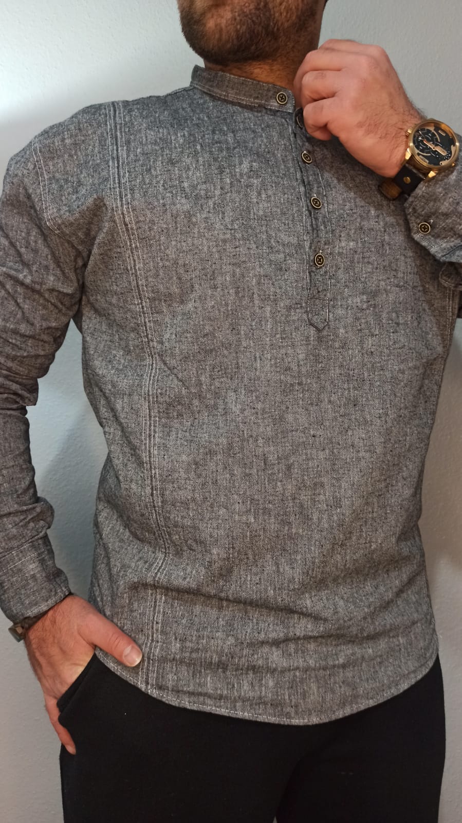 Keten Yıkama Hakim Yaka Gömlek - Siyah - 2XL