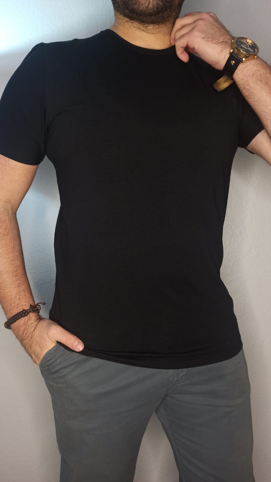 Bisiklet Yaka T-shirt Düz Siyah - Siyah - M
