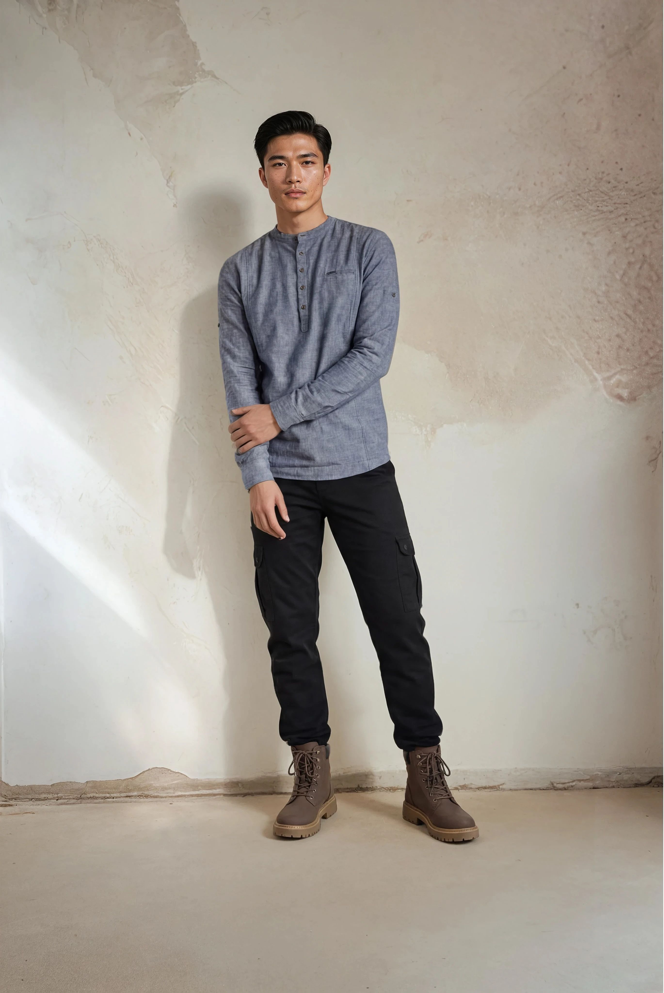 Keten Yıkama Hakim Yaka Gömlek - Mavi - S