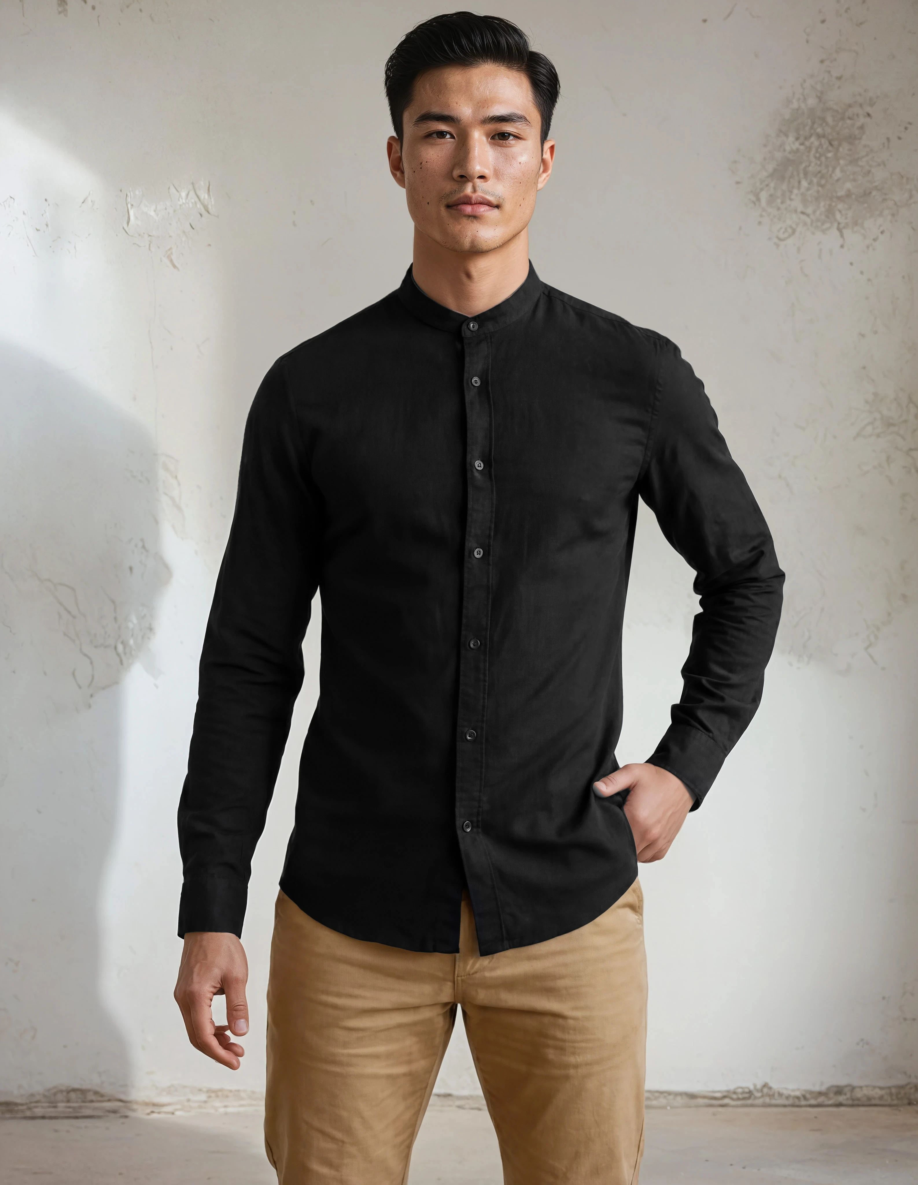 Keten Hakim Yaka Gömlek - Siyah - S