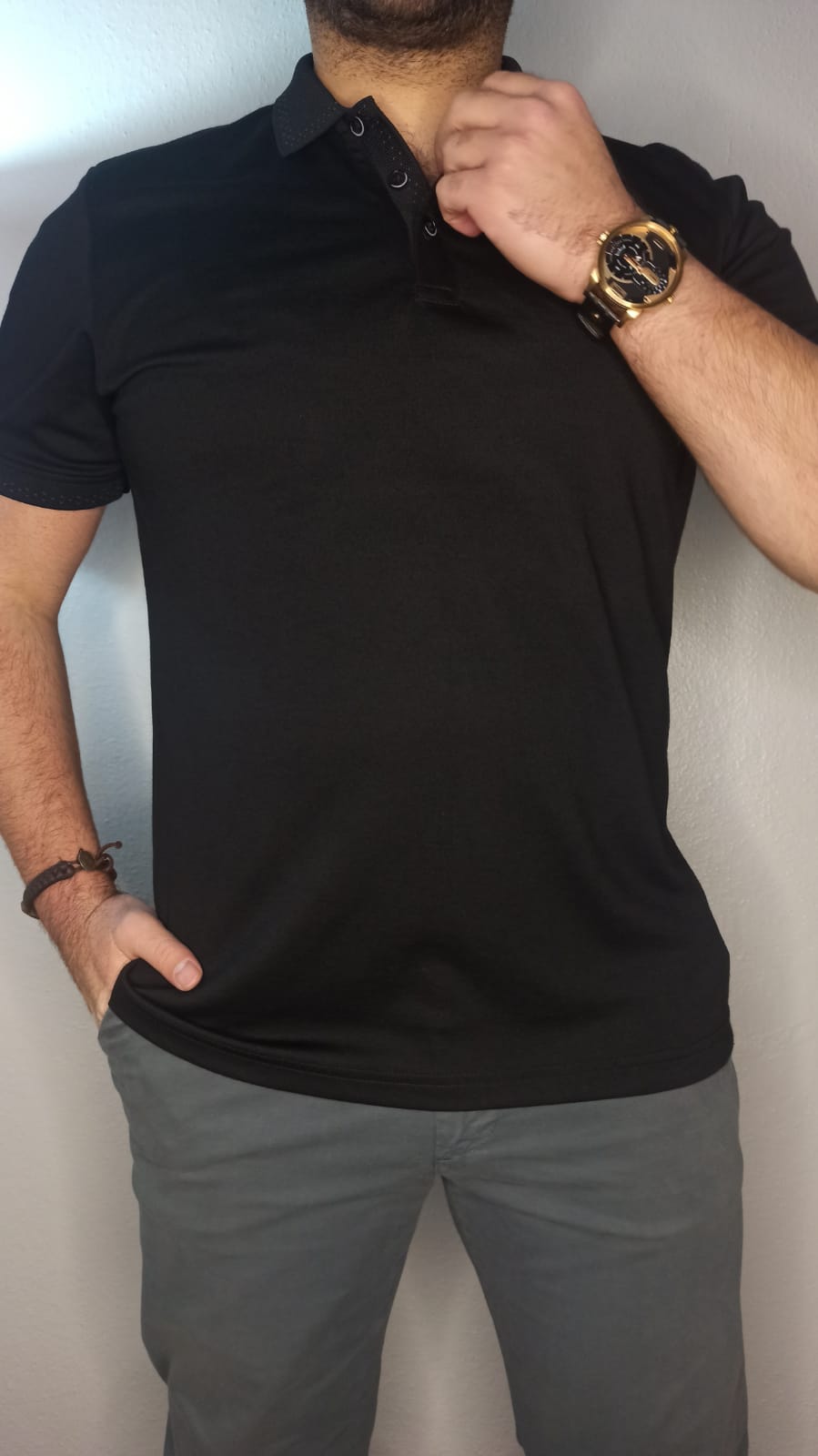 Yakalı T-shirt Düz Siyah - Siyah - XL