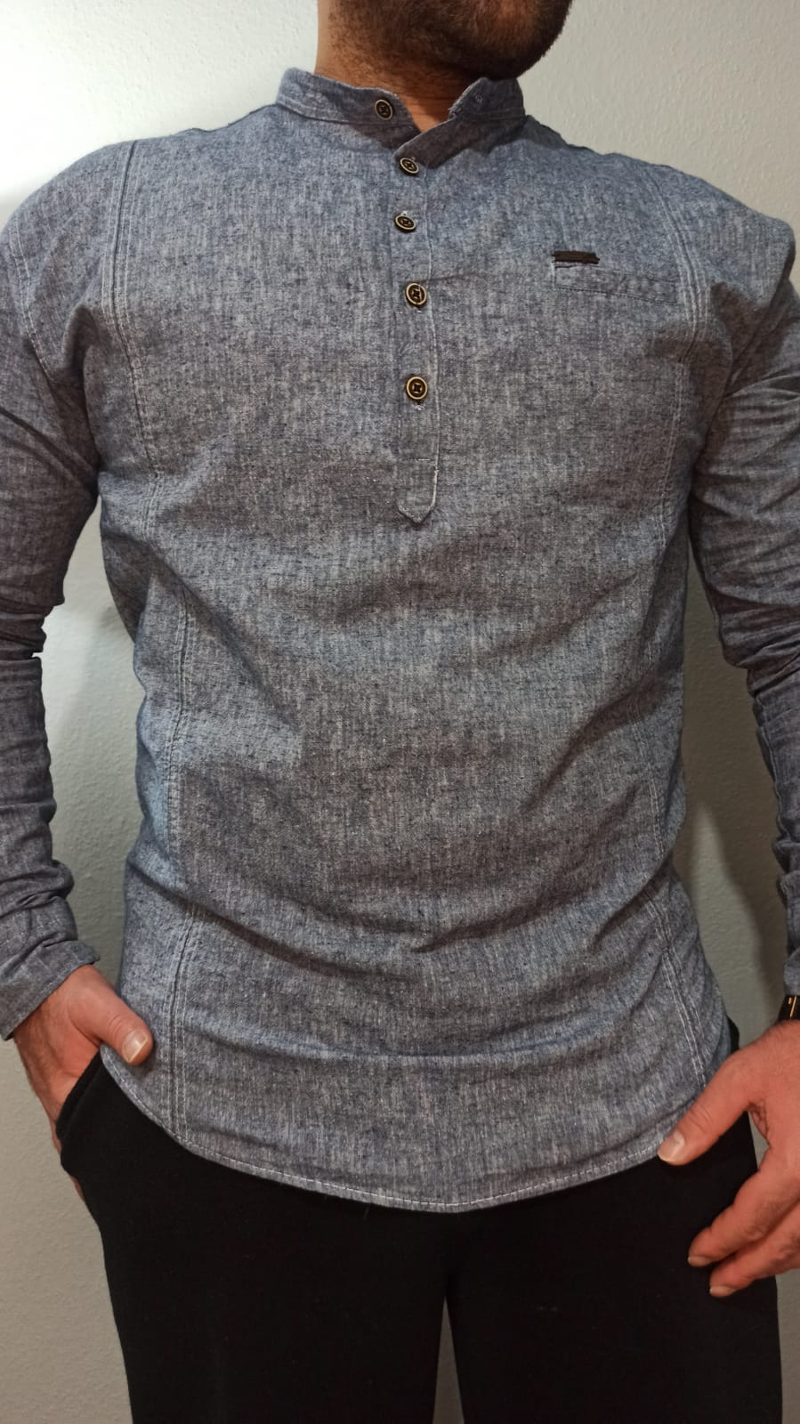 Keten Yıkama Hakim Yaka Gömlek - Siyah - 2XL